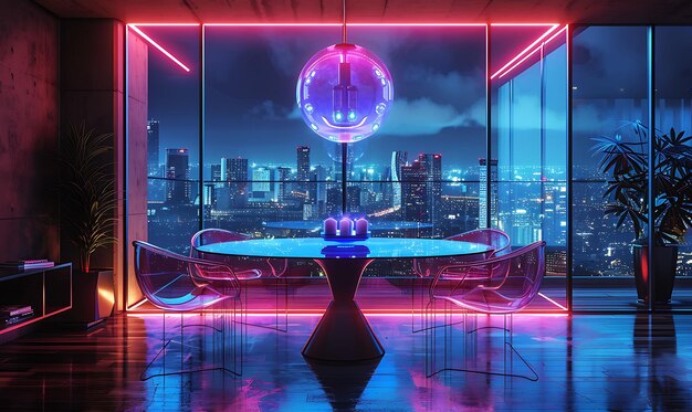 Sala de jantar moderna com uma mesa de jantar de vidro Sculptural Chai Interior Room Neon Light VR Concept