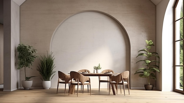 Sala de jantar moderna de design de interiores com paredes bege e renderização de móveis