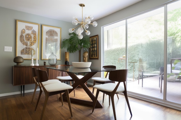 Sala de jantar moderna de meados do século com cadeiras elegantes e mesa de vidro