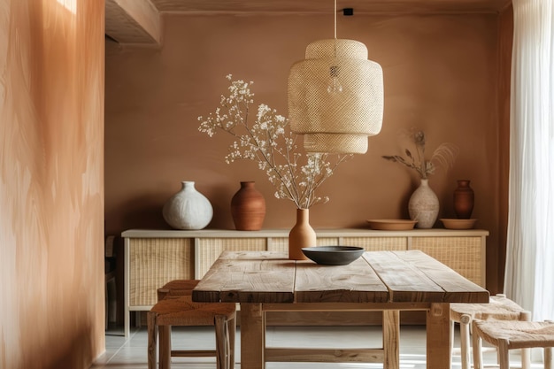 Sala de jantar moderna de terracota leve com móveis de madeira IA generativa