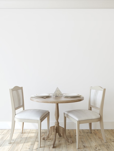 Sala de jantar moderna. Maquete interior. Mesa redonda com duas cadeiras perto de uma parede vazia. Renderização 3D.