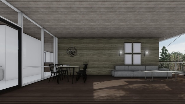 sala de jantar na casa do espaço ao ar livre com maquete de quadro ilustração 3d de desenho arquitetônico