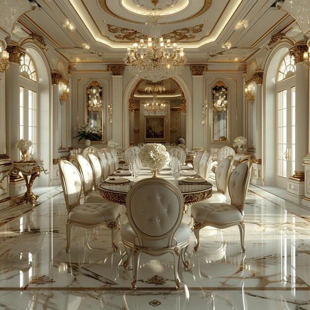 Sala de jantar opulenta com um candelabro de cristal e uma elegante mesa