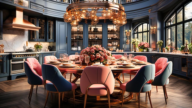 Foto sala de jantar sofisticada com elegantes cadeiras cor-de-rosa e azul e um lustre de cobre rústico