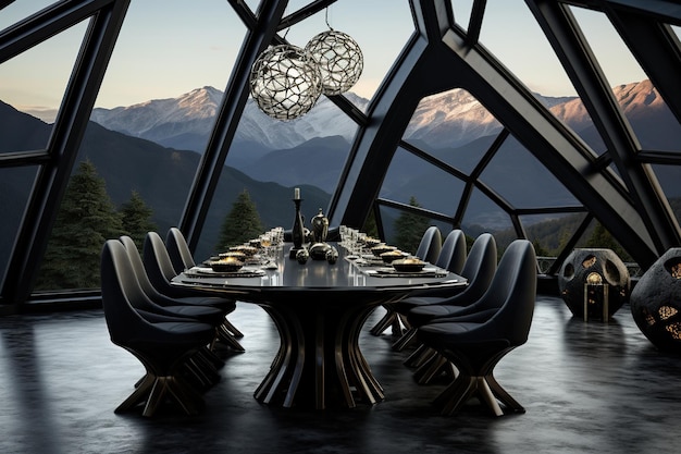 Sala de jantar sofisticada com um cenário de uma vista deslumbrante da montanha através de extensas janelas geométricas à medida que a noite se aproxima
