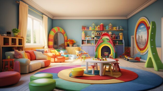 Foto sala de jogos colorida com brinquedos e materiais educacionais