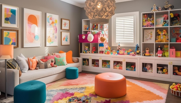 Sala de jogos colorida com brinquedos e sofá confortável para criatividade infantil gerada por IA
