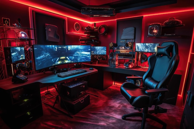 Foto sala de jogos com computador de alta tecnologia