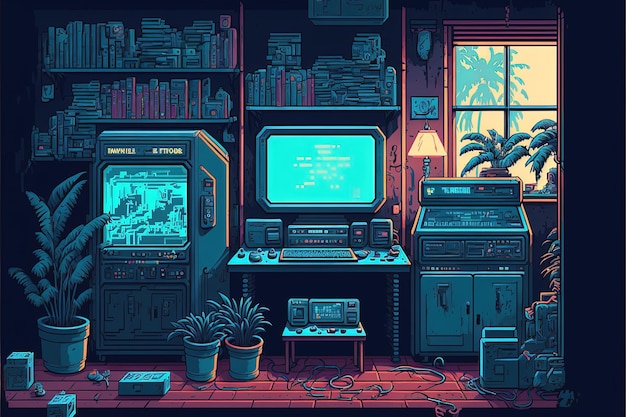 Sala de jogos com console, estilo anos 80, pixel art. IA generativa