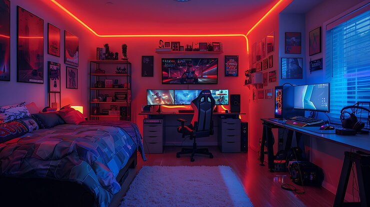 Foto sala de jogos com luzes de cores rgb