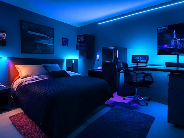 sala de jogos com uma cama à noite a iluminação ambiente dos monitores lançando um brilho sereno