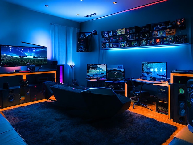 sala de jogos com uma cama à noite a iluminação ambiente dos monitores lançando um brilho sereno