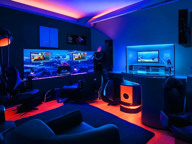 sala de jogos com uma cama à noite a iluminação ambiente dos monitores lançando um brilho sereno
