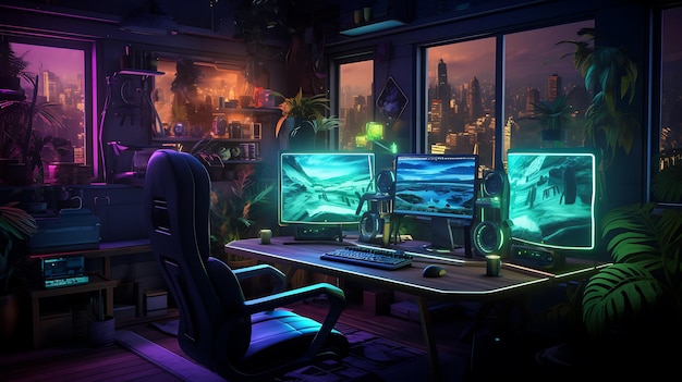 Sala de jogos com videogameiro ninguém mock up Neeon chill quarto de jogos aconchegante