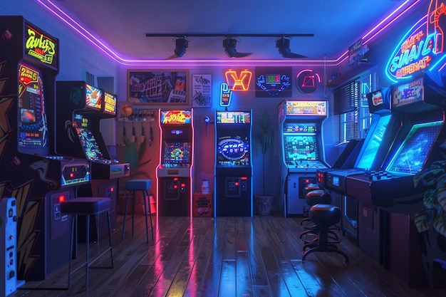 Sala de jogos de inspiração retrô com jogos de arcade vintage