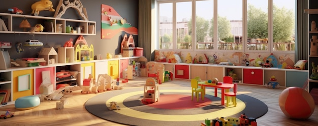 Sala de jogos de jardim de infância brinquedo colorido crianças jogam jogo generativo ai