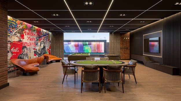 Sala de jogos de sinuca e pôquer decorada com luxuosos móveis planejados e planejados