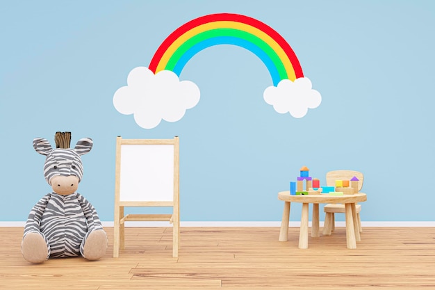 Sala de jogos para crianças com bichos de pelúcia e decoração de arco-íris 3d renderizada ilustração
