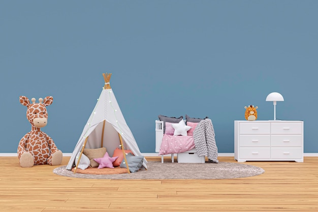 Sala de jogos para crianças com bichos de pelúcia e ilustração renderizada em 3d de tenda