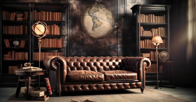 Sala de leitura com prateleira de livro de sofá de couro marrom escuro e luminária