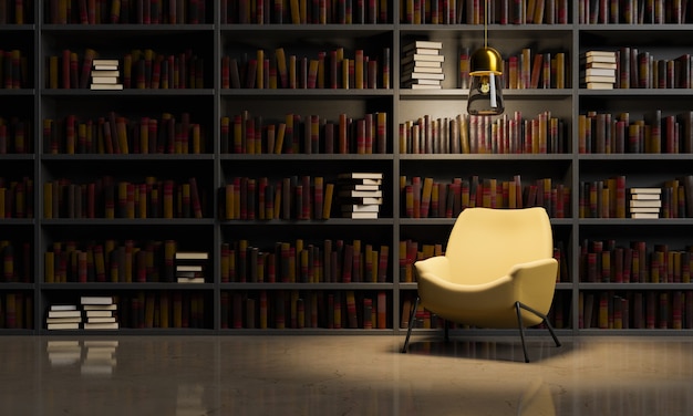 sala de leitura com sofá e biblioteca