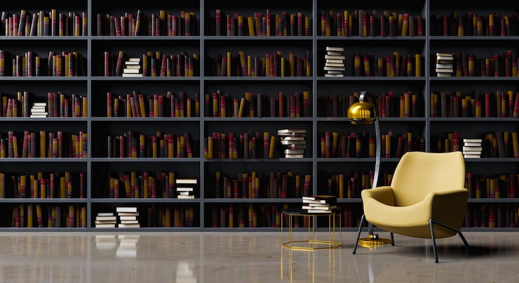 Foto sala de leitura elegante com biblioteca e poltrona para relaxar. espaço para texto. renderização 3d