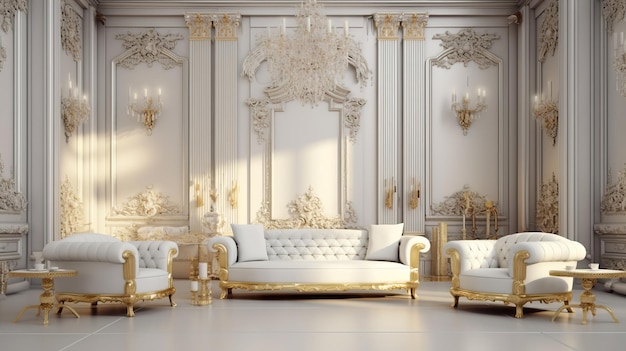 Sala de luxo de renderização 3d fundo branco e dourado