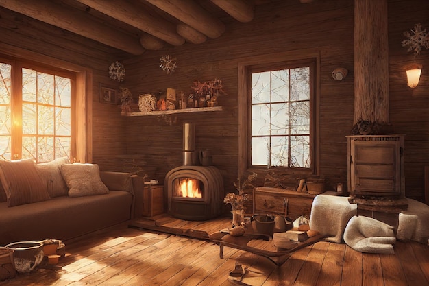 Sala de madeira com fogão a lenha de sofá creme