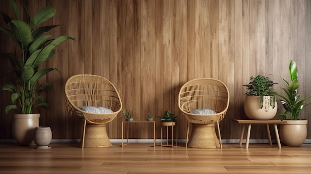 Sala de madeira generativa AI Eco com plantas com móveis naturais estilo boho étnico chic interior