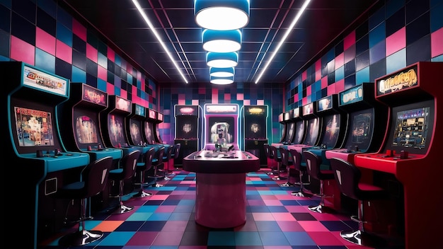 Foto sala de máquinas de arcade retrô um salão de ondas sintéticas com máquina de arcade