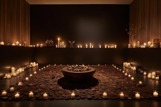 Sala de meditação com tema de chocolate com música relaxante e velas perfumadas