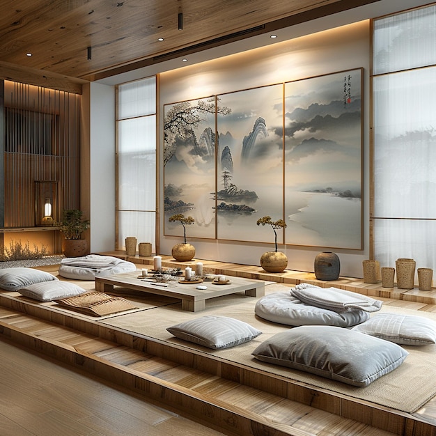 Sala de meditação Zen com tapetes tatami uma mesa baixa