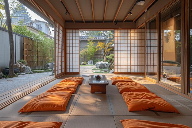 Sala de meditação Zen com tapetes tatami uma mesa baixa