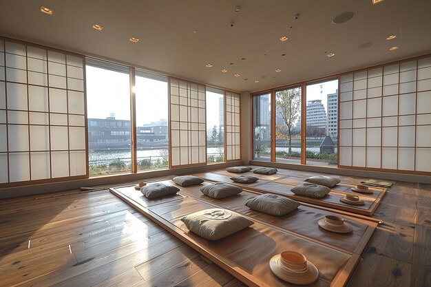 Foto sala de meditação zen com tapetes tatami uma mesa baixa