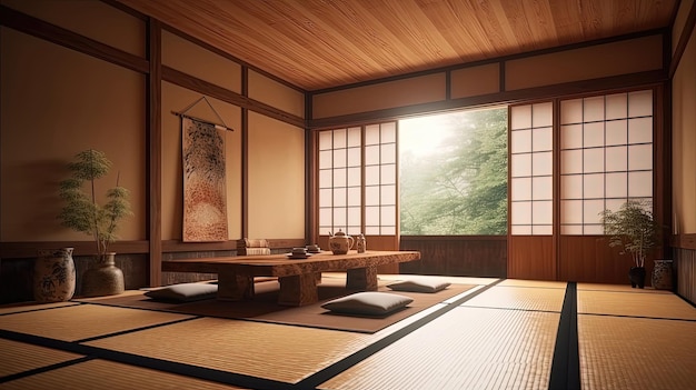 Sala de meditação Zen japonesa com tatames e detalhes em bambu evoca uma sensação de harmonia e equilíbrio Gerado por IA