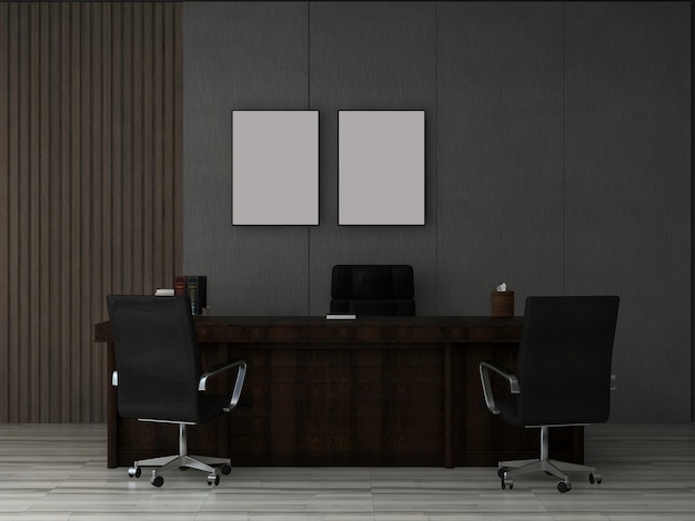 Sala de mesa ou maquete de escritório com 2 quadros em branco, mesa de escritório e 3 cadeiras e parede moderna