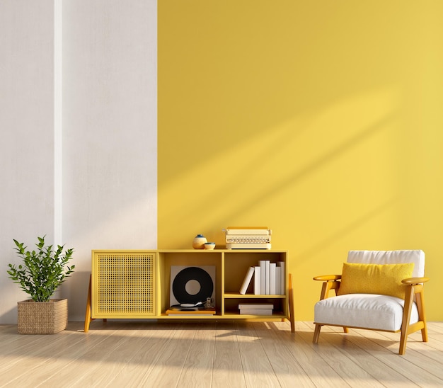 Sala de mock up em estilo moderno com armário de poltrona e fundo de parede amarela