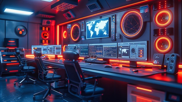 Sala de Monitoramento de Alta Tecnologia Um espaço centrado na vigilância e análise de dados, enfatizando a tecnologia e o controle modernos