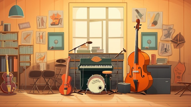 sala de música com instrumentos musicais ilustração de desenho animado ai generativo