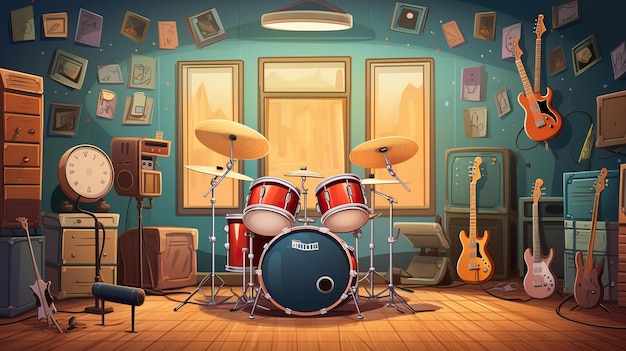 sala de música com instrumentos musicais ilustração de desenho animado ai generativo