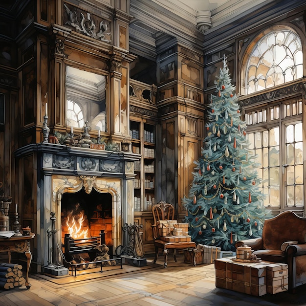 Sala de Natal com lareira e árvore de Natal Generative AI