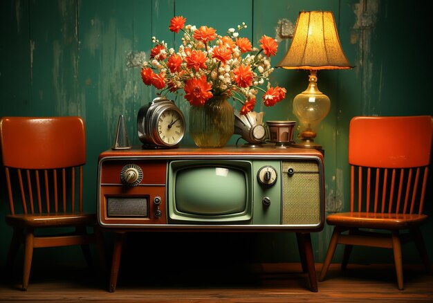 Foto sala de natureza morta com velha televisão vintage tempo analógico gerado pela ia