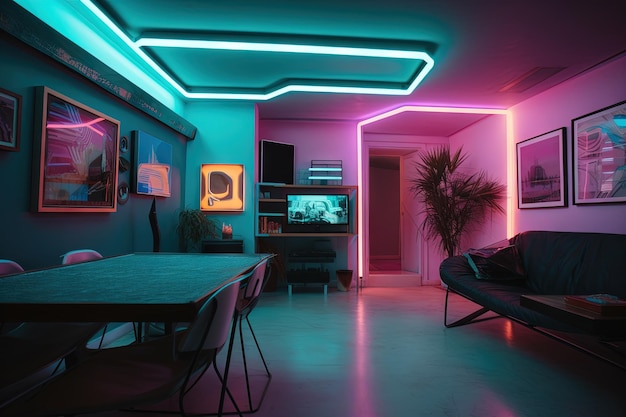 Sala de néon de estilo synthwave Interiores retrô de estilo dos anos 80 com luzes de néon