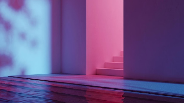 Sala de néon inteira com maquete de paredes de gesso, escadas e água. Luz de néon mínima surrealista