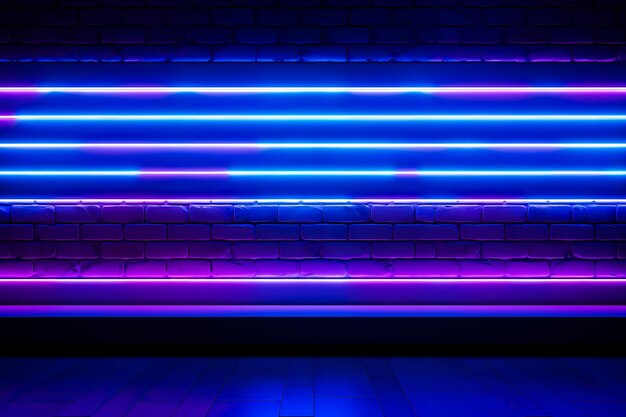 Foto sala de néon parede de tijolos escuros com luzes de néon e luz de fundo sala e parede vazias lugar vazio banner
