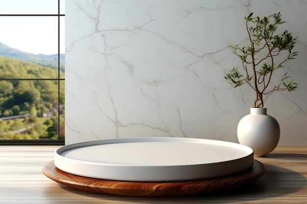 Sala de parede vazia grande vazia com placa de cerâmica branca de mármore e tigela na mesa