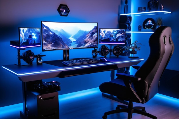 Sala de PC para jogos com luzes led em cores diferentes Ilustração gerada por Ai