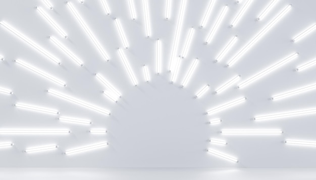Sala de pódio branca limpa abstrata com lâmpadas de néon brilhantes em um círculo do centro