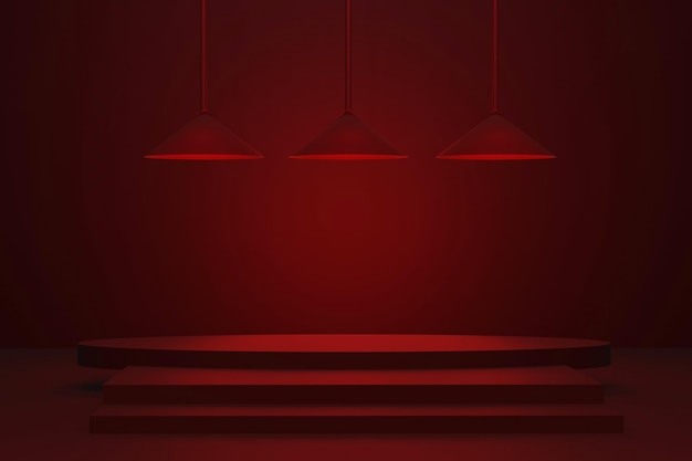 Sala de pódio de cena vermelha com ambiente íntimo de lâmpadas de baixa luz para renderização 3d de humor de amor romântico
