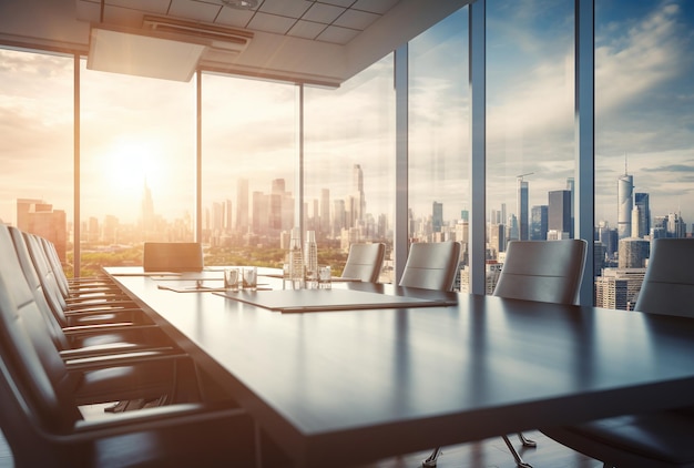 sala de reunião de escritório com visão turva da cidade no estilo de vazamentos de luz